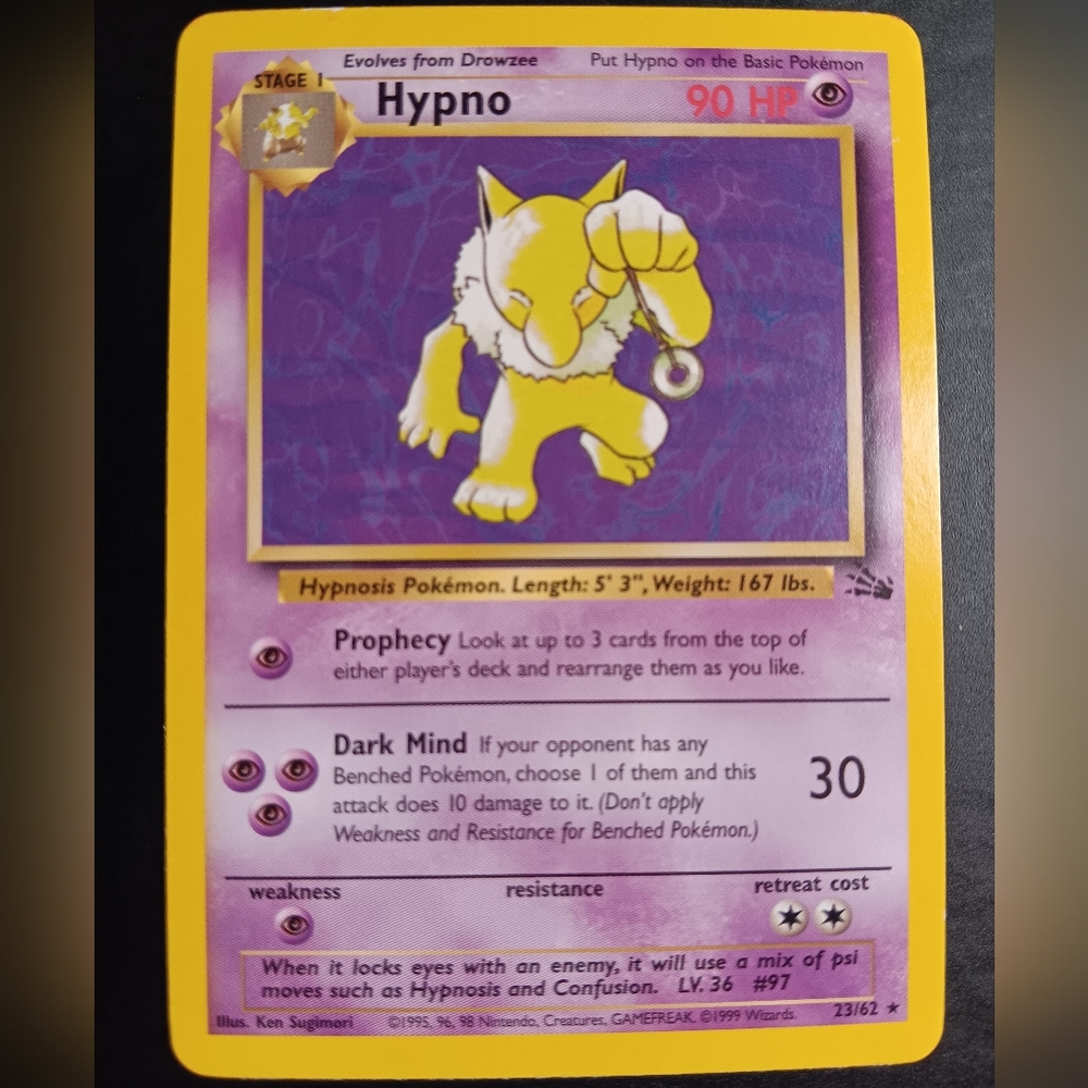 Hypno Pokemon Card - Fossil - 23/62 Rare Non-Holo